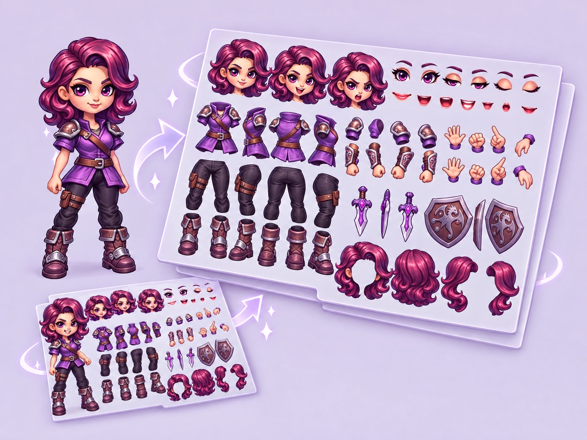 A character split into separate head, torso, limb and accessory parts