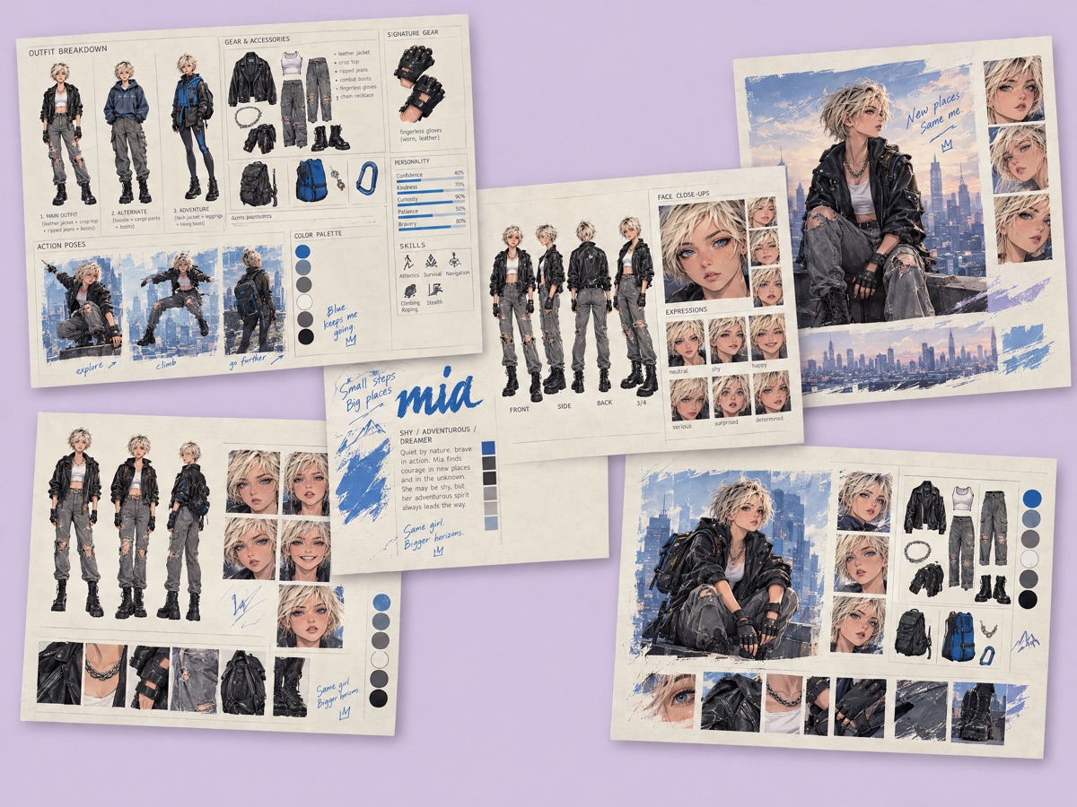 Character sheets with several views, expressions and outfit details