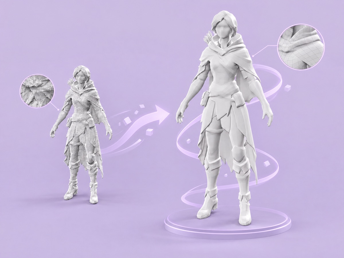 A dense 3D model and its clean retopologized version