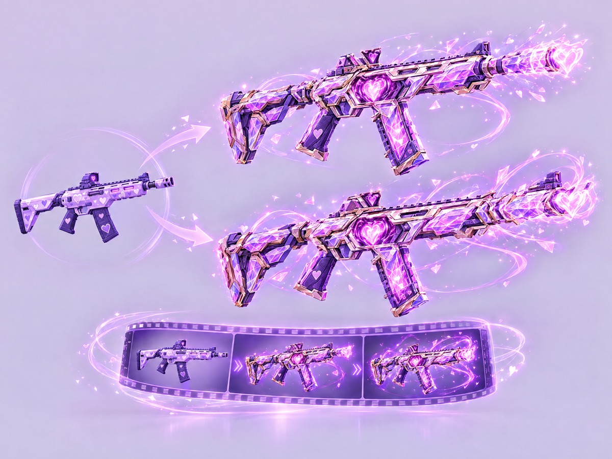 A weapon and two evolved versions of it, with a transformation video